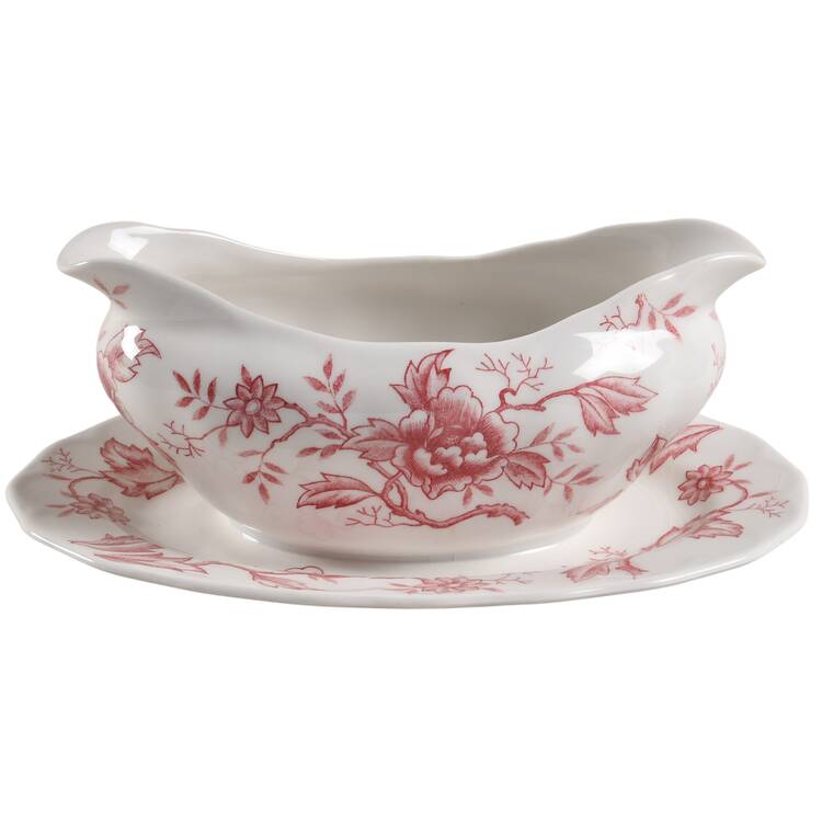 Flora Pink Gravy Boat with Attached Underplate