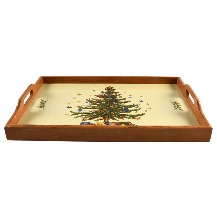 Happy Holidays Wood Rectangular Handled Tray