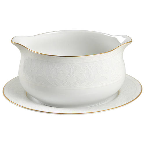White Lace Gold Round Gravy Boat & Bread and Butter Stand