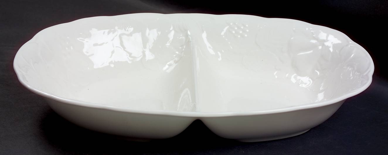 Woodbury White 12" Oval Divided Vegetable Bowl