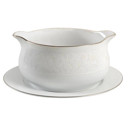 White Lace Platinum Round Gravy Boat & Bread and Butter Stand