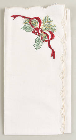 Holly Bells 20" Embroidered Linen Napkin