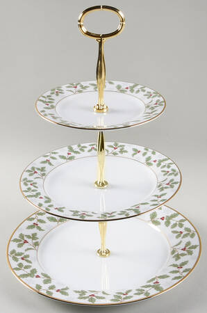 Holly and Berry Gold 13 7/8"-14 1/4" 3-Tiered Serving Tray(DP,SP,BB) HC