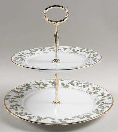 Holly and Berry Gold 6 5/8"-10"  2 Tiered Serving Tray (Dp, Sp) HC