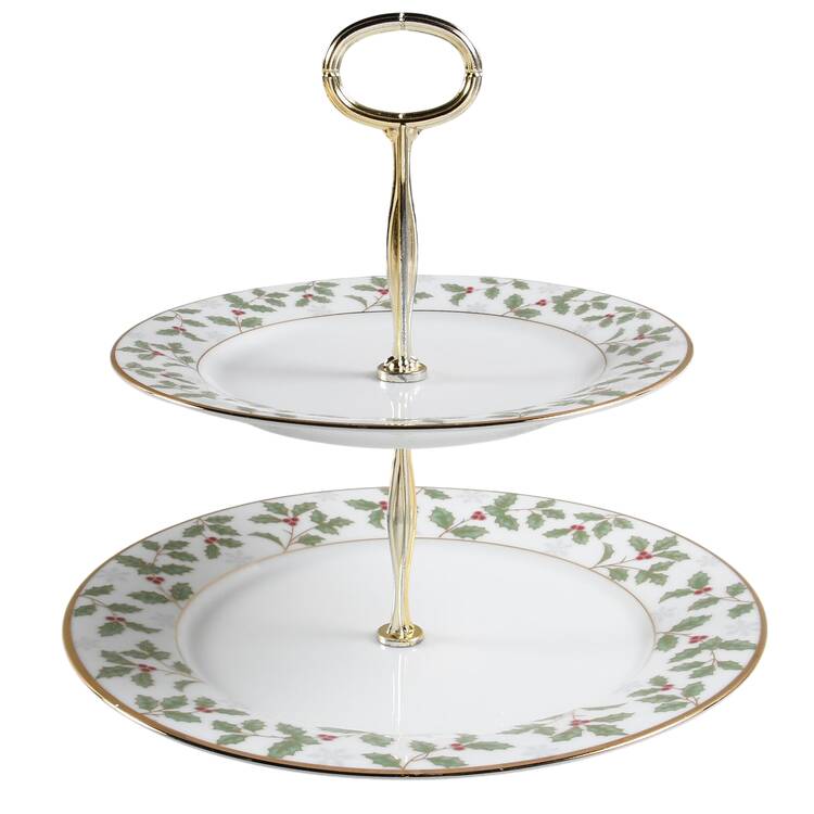 Holly and Berry Gold 6 5/8"-10"  2 Tiered Serving Tray (Dp, Sp) HC