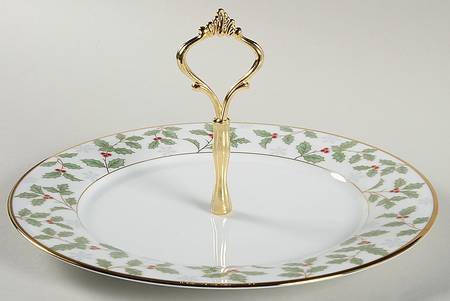 Holly and Berry Gold Round Serving Plate with Handle (DP)