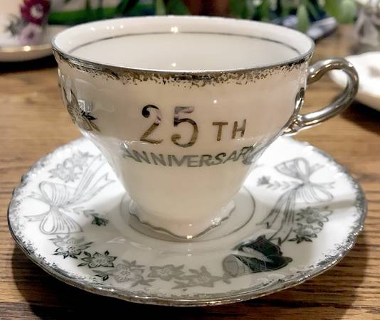 Silver Anniversary Footed Cup & Saucer Set