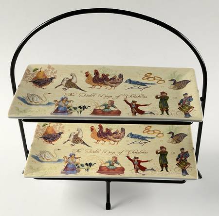 12 Days of Christmas (Gold Scrolls, No Trim) Rectangular Serving Platter Set (2 Rep12&Mtl Stand