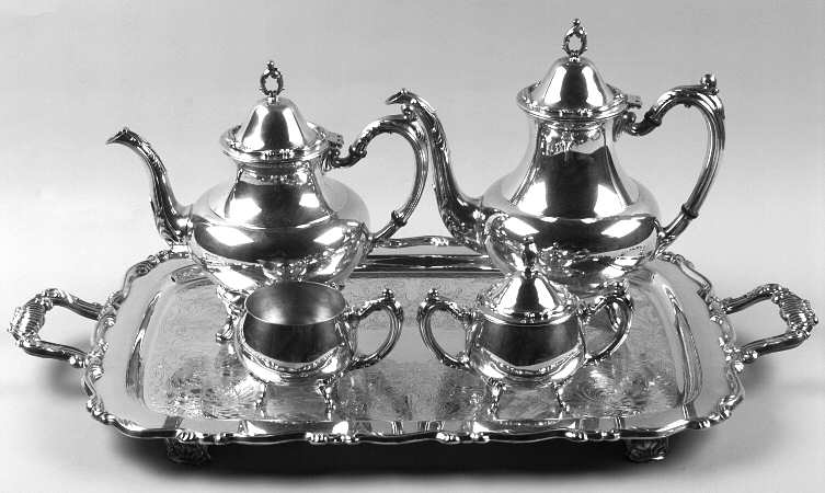 Georgian Scroll (Silverplate, Hollowware) 5-Piece Silverplate Tea Set (with Tray)