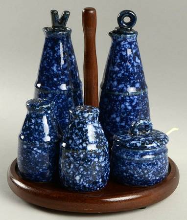 Blue Spackle (9 Pc) Condiment Set (Vioi,Sap,Mus,Cosst)