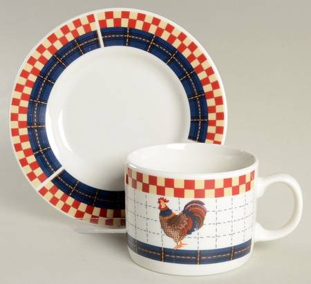 Calico Rooster Flat Cup & Saucer Set