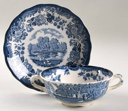 Avon Scenes Blue Flat Cream Soup Bowl & Saucer Set
