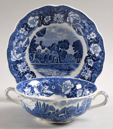 Thames River Scenes Blue Flat Cream Soup Bowl & Saucer Set