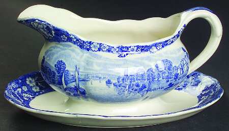 Thames River Scenes Blue Gravy Boat with Attached Underplate