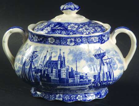 Thames River Scenes Blue Sugar Bowl & Lid