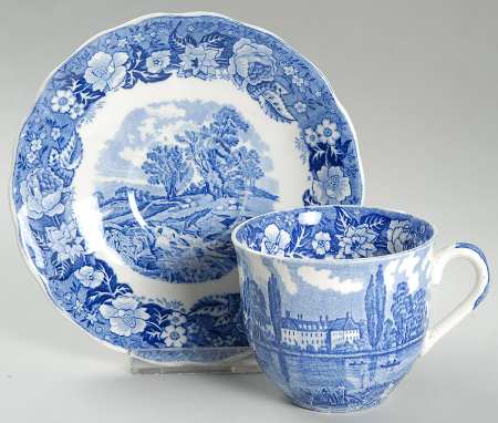 Thames River Scenes Blue Flat Cup & Saucer Set