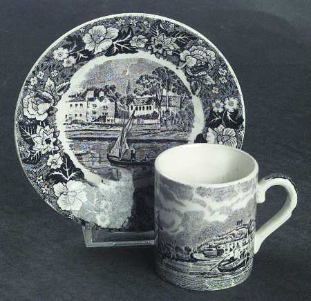 Thames River Scenes Black Flat Demitasse Cup & Saucer Set