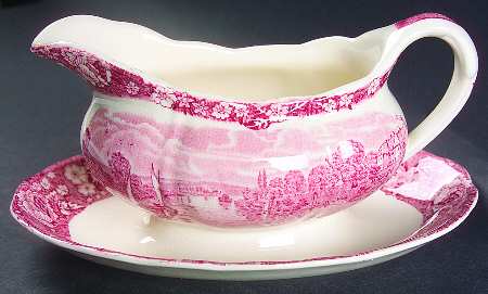 Thames River Scenes Pink Gravy Boat with Attached Underplate