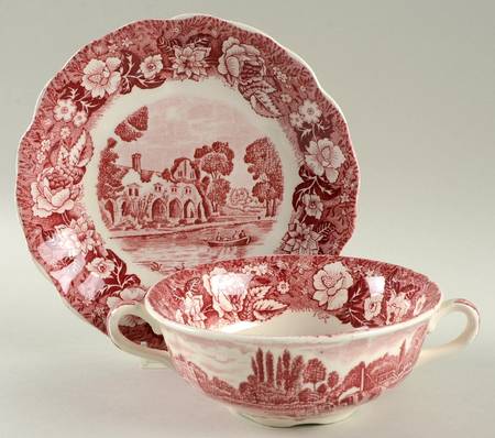 Thames River Scenes Pink Flat Cream Soup Bowl & Saucer Set