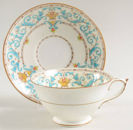 Adam (Aqua Scrolls) Footed Cup & Saucer Set