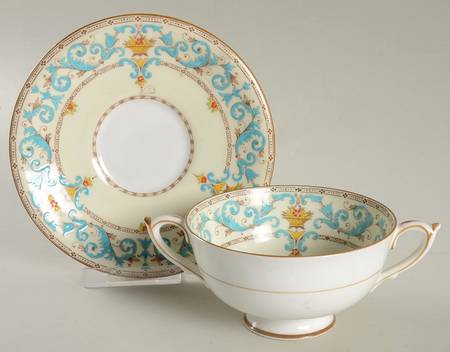 Adam (Aqua Scrolls) Footed Cream Soup Bowl & Saucer Set