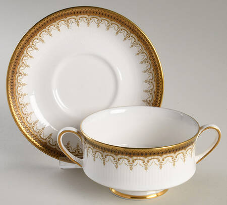 Athena (Gold Border with Black Dots) Footed Cream Soup Bowl & Saucer Set