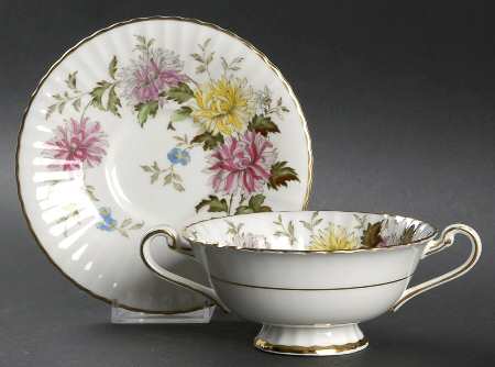 Autumn Glory (Pink & Yellow Flowers) Footed Cream Soup Bowl & Saucer Set