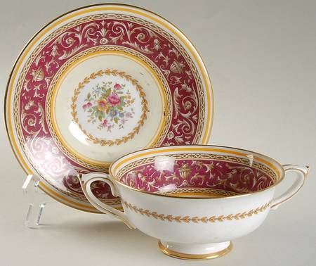 Corinthian Maroon (Gold Trim) Footed Cream Soup Bowl & Saucer Set