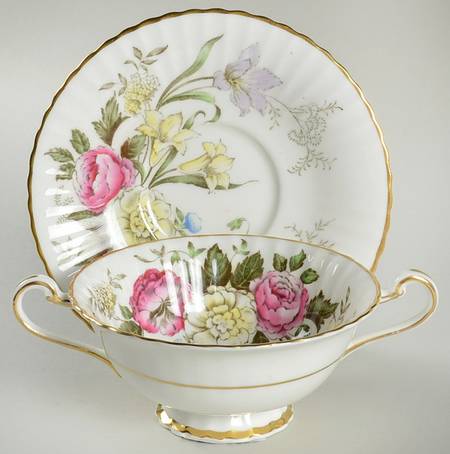 Dubarry (Fluted, Flowers on Side) Footed Cream Soup Bowl & Saucer Set