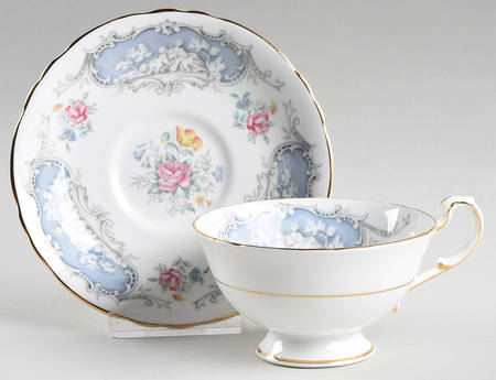 Dubarry (Scalloped, Blue Panels, Pink Roses) Footed Cup & Saucer Set