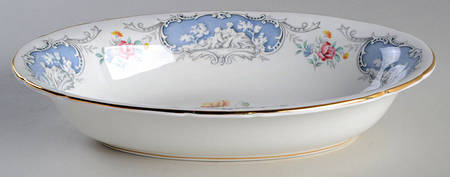 Dubarry (Scalloped, Blue Panels, Pink Roses) 10" Oval Vegetable Bowl
