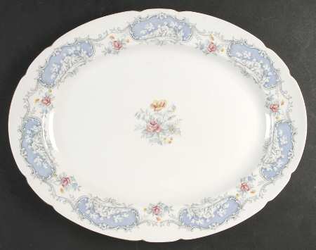 Dubarry (Scalloped, Blue Panels, Pink Roses) 15" Oval Serving Platter