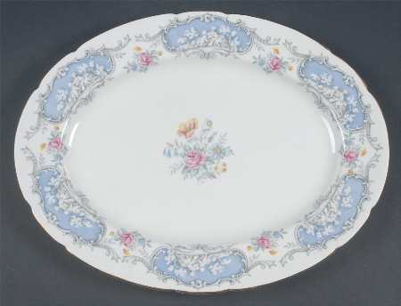 Dubarry (Scalloped, Blue Panels, Pink Roses) 13" Oval Serving Platter
