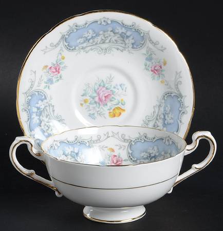 Dubarry (Scalloped, Blue Panels, Pink Roses) Footed Cream Soup Bowl & Saucer Set