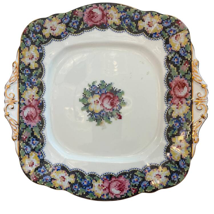 Gingham Rose Square Handled Cake Plate
