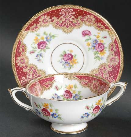 Honiton Red Footed Cream Soup Bowl & Saucer Set