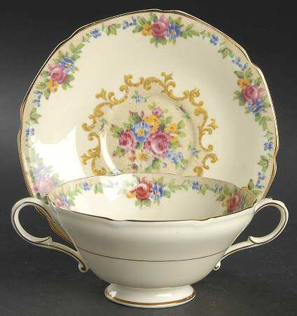 Minuet (Cream Background) Footed Cream Soup Bowl & Saucer Set