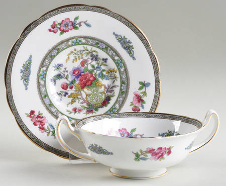 Tree of Kashmir (Gold Trim, Scalloped) Footed Cream Soup Bowl & Saucer Set