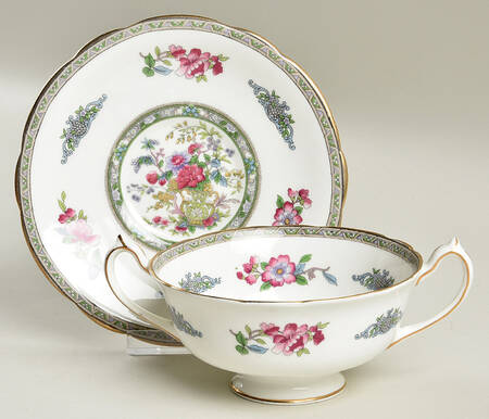 Tree of Kashmir (Gold Trim, Scalloped) Footed Cream Soup Bowl & Saucer Set