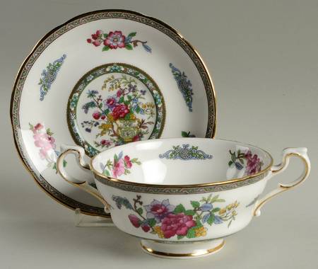 Tree of Kashmir (Gold Trim, Scalloped) Footed Cream Soup Bowl & Saucer Set