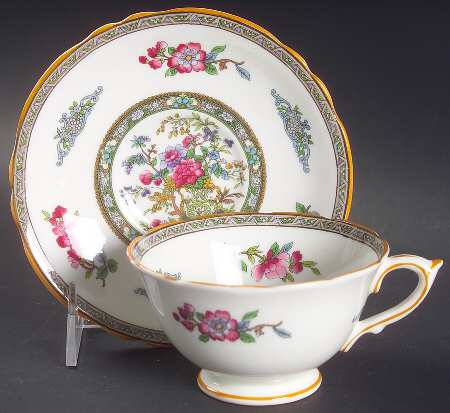 Tree of Kashmir (Mustard Trim, Scalloped) Footed Cup & Saucer Set