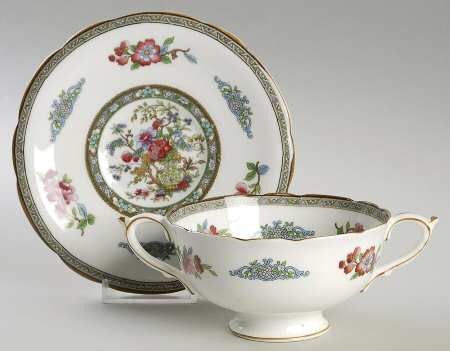 Tree of Kashmir (Mustard Trim, Scalloped) Footed Cream Soup Bowl & Saucer Set