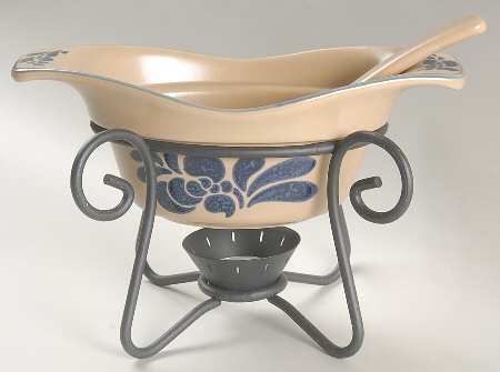 Folk Art Gravy Server & Ladle & Metal Stand