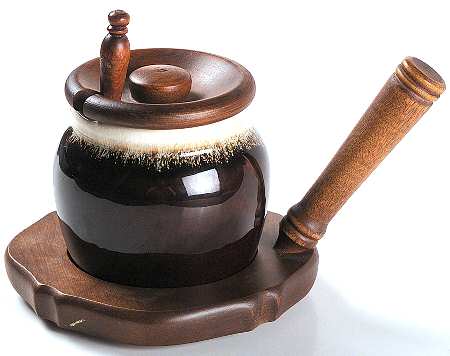Gourmet Brown Condiment Jar with Lid & Wood Base