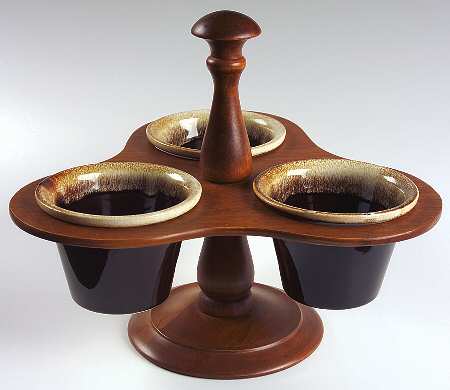 Gourmet Brown 3 Jam/Relish Servers & Wood Stand