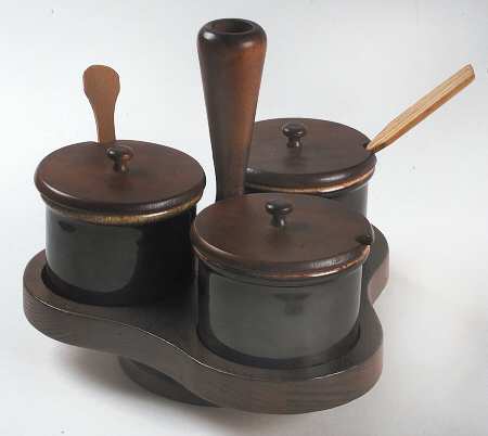 Gourmet Brown Jam/Relish Server & 3 Wood Lids with Metal/Wood Stand