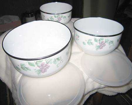 Grapevine 3 Pc Metal Bowl & Plastic Lid (5 3/4", 7", 7 3/4")