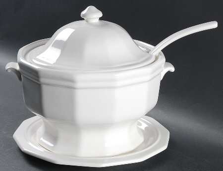 Heritage White Tureen & Lid W/Ladle & Underplate
