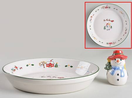 Snow Village Pie Baking Plate with Pie Snowman