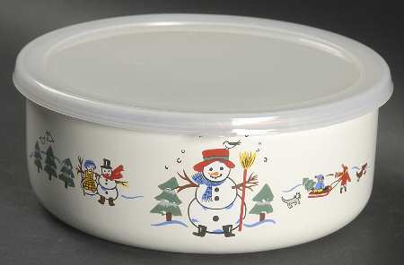 Snow Village 71/4" Metal Bowl W/Plastic Lid